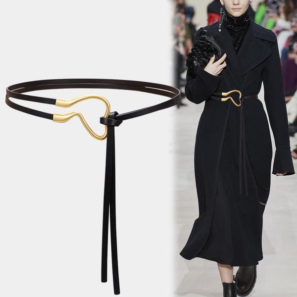 

women fashion black long cowskin belt vintage buckle cow real leather knotted waistbands decorative coat dress waist seal belts, Black;brown