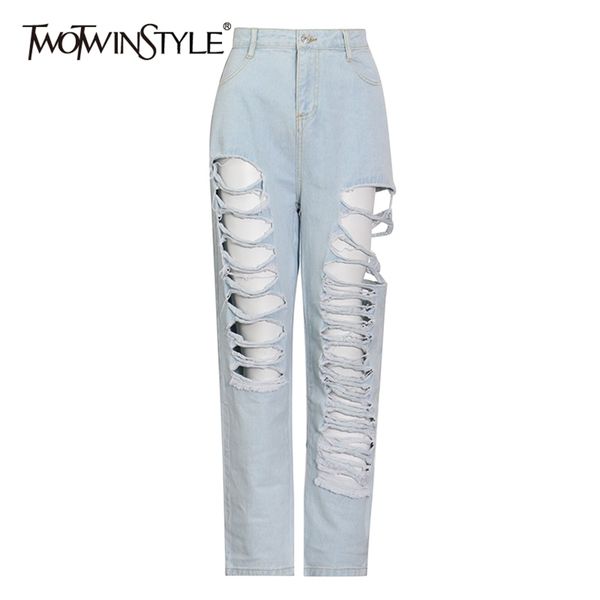 

casual blue hollow out denim trousers for women high waist patchwork tassel pencil pants female streetwear 210521