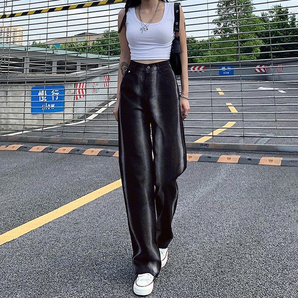 

women's jeans fade color bleached striped women loose casual denim pants high waist streetwear washed straight trousers, Blue