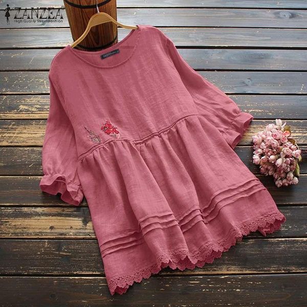 

women's blouses & shirts zanzea 2021 summer lace patchwork women solid female embroidery tunic chemise oversize casual loose blusas, White