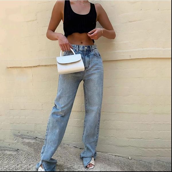 

washed denim pants boyfriend casual womens jeans split long bottom black, Blue