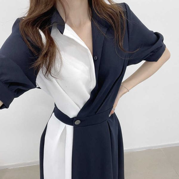 

korean chic spring and autumn french minority lapel dign feeling contrast color stitching one grain buckle waist long sleeve dr, Black;gray