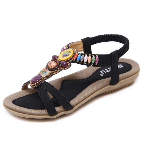 

sandals large size women's shoes 2021 national style bohemian beach beaded flat, Black