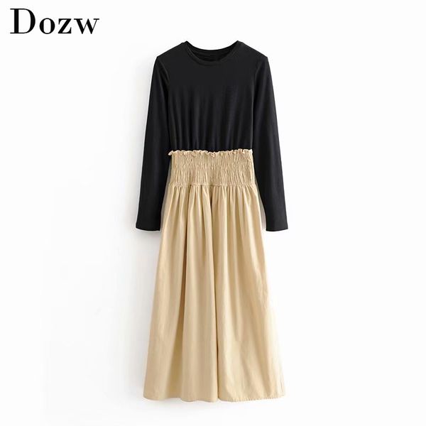 

vintage patchwork elastic waist women dress elegant female long sleeve pleated midi dress fashion fake two piece ladies dresses 210414, Black;gray