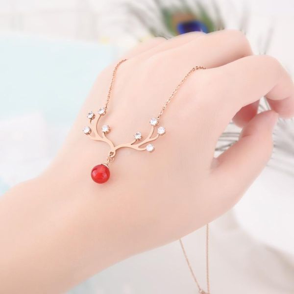 

cute reindeer antlers red pearl stainless steel necklace pendant chain rose gold color jewelry for women bujoux collier chains, Silver