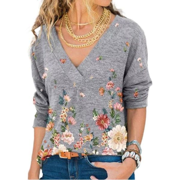 

women's t-shirt women v-neck flower print plus size long sleeved casual spring loose tee 2021 tshirts female fashion clothes, White