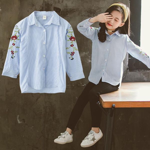 

shirts kids blouses for girls 2021 teen flower embroidery shirt cotton blue striped school uniform baby clothes, White;black