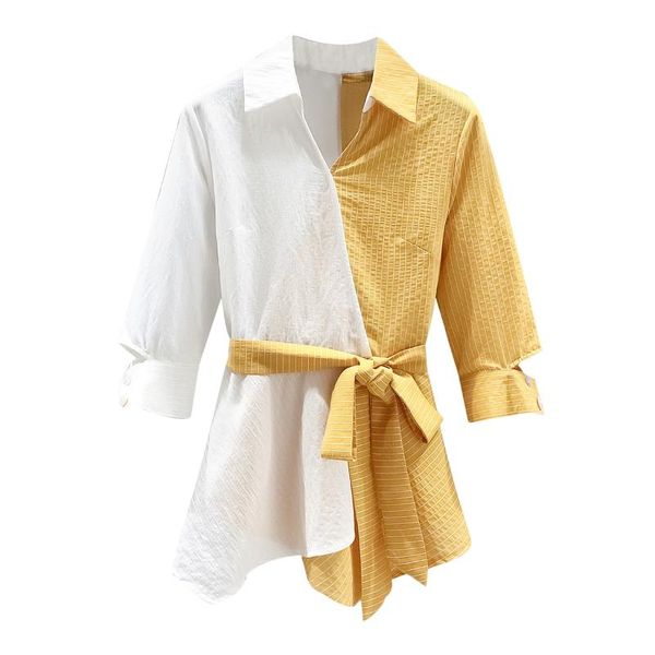

women's blouses & shirts shirt 2021 summer asymmetric stitching collar half sleeve striped belt casual 2-8272#], White