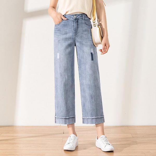 

women's jeans the 2021 cowboy wide-legged trousers slacks tall waist loose mouth female straight nine minutes of pants, 20213, Blue
