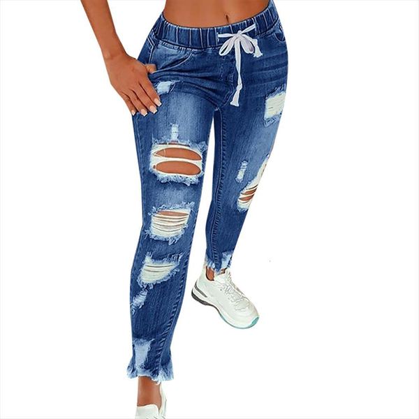 

pants hole long women jeans denim drawstring elastic waist clothing blue