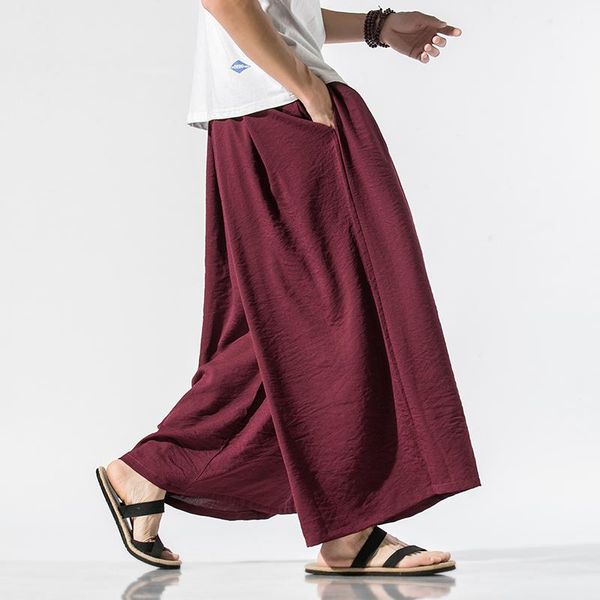

men linen baggy pants 2021 mens chinese style draped solid cotton man traditional wide leg male hip hop trousers men's, Black