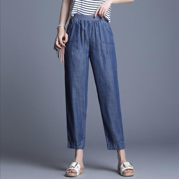 

women's jeans elastic 2021 harem pants waist loose casual blue ankle length summer women thin plus size 4xl female trousers