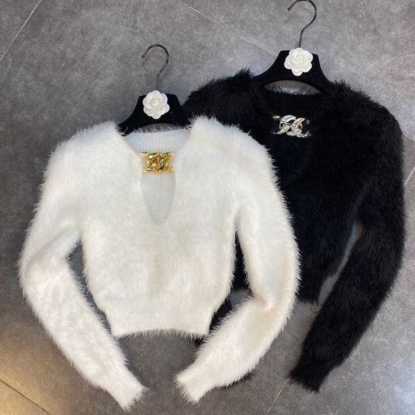 Зимние моды золотые цепи Pullovers женщин сексуальные V шеи с длинным рукавом Slim Tops 2020 осенью новых винтажных вязаных свитера х0721