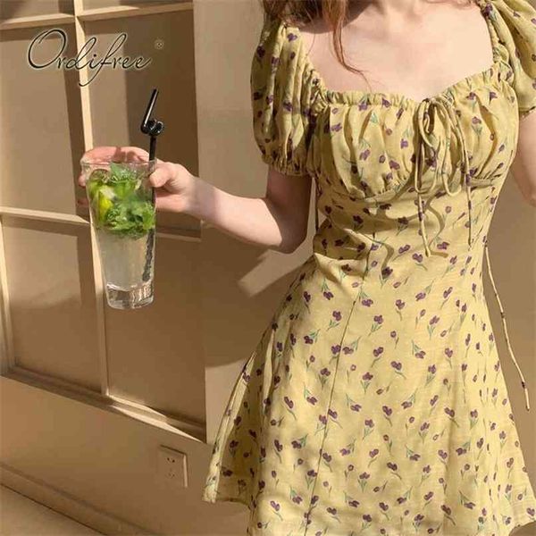 

summer women floral mini dress sundress vintage print puff sleeve cute short tunic 210513, Black;gray