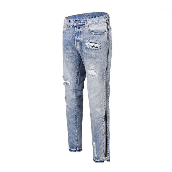 

blue jeans with holes slim fit make old 2021 good quality casual men's pants zipper spring and autumn