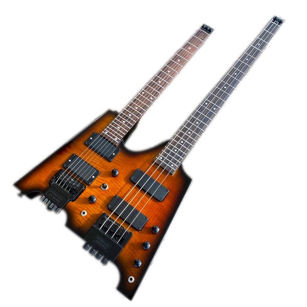 

brown double neck electric bass guitar with rosewood fretboard,6+4 strings,flame maple veneer