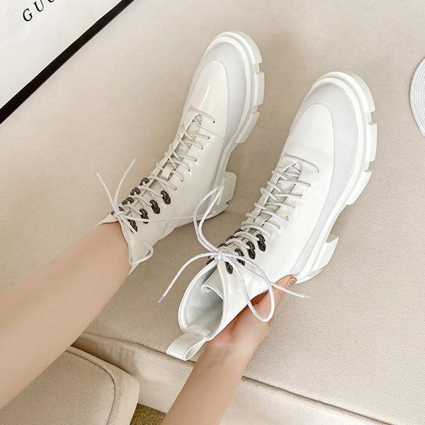 

real leather studs lace up riding boots women shoes muffins chunky heels short botas patchwork rubber platform star style, Black