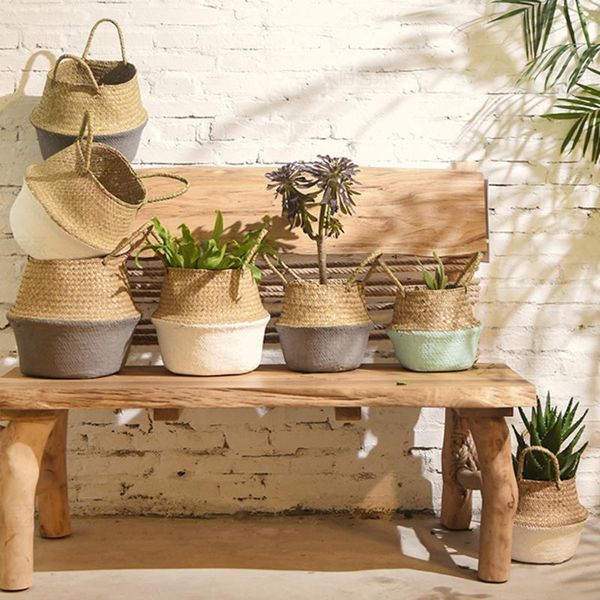 

storage baskets handmade bamboo foldable laundry straw patchwork wicker rattan seagrass belly garden flower pot planter basket #45