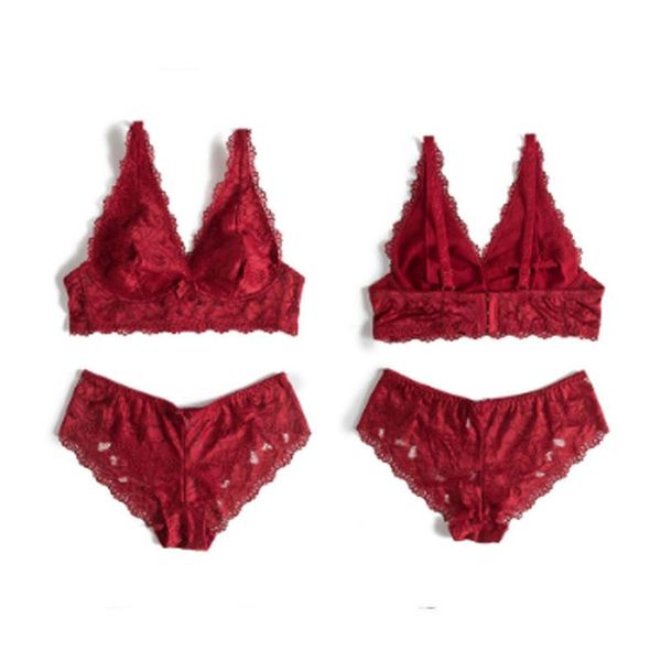 

bras sets hollowout v-neck bra ultrathin underwear set plus size cup women transparent lace embroidery lingerie brassiere, Red;black