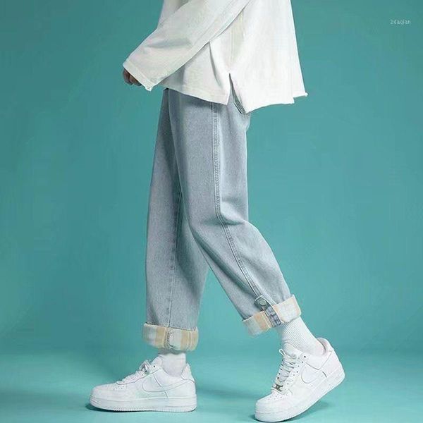 

men's jeans 2021 streetwear casual straight nine-point summer korean style slim blue/black denim pants male kpop clothes hip hop men
