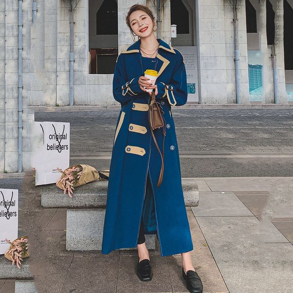 

women's trench coats windbreaker spring autumn 2021 korean loose design double-breasted long-sleeved straight stitching fashion ja, Tan;black