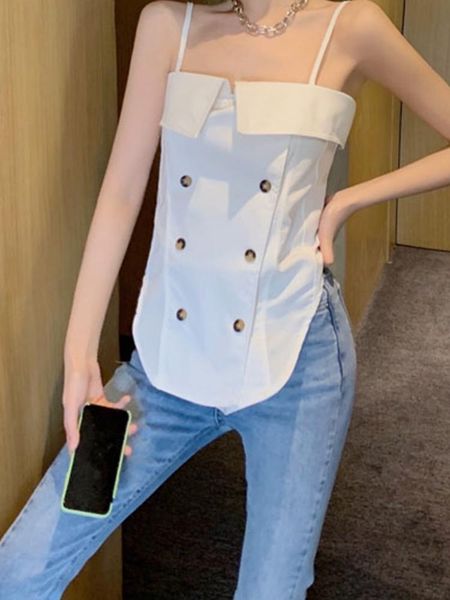 

women's tanks & camis 2021 summer style niche design sense flanging personality double-breasted fashion tube camisole women trendy, White