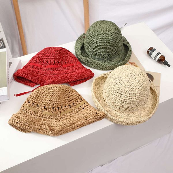 

sun hat beach shading net red children's summer tide seaside holiday foldable straw hat, Blue;gray