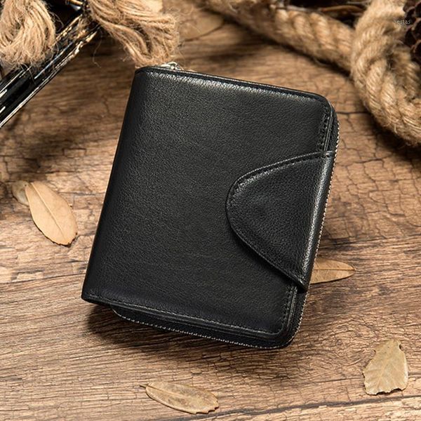 

luxury fashion zipper genuine leather men bifold wallet short designer coin purse male money bag cowhide billetera hombre wallets1, Red;black