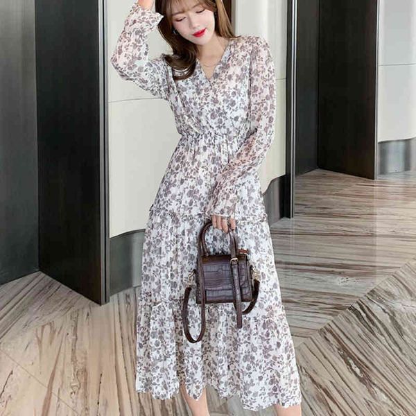 

elegant sauce with chiffon v-printing cleavage enlargement... elastic sleeves... feminine fine waist... midi chic... dress, Black;gray