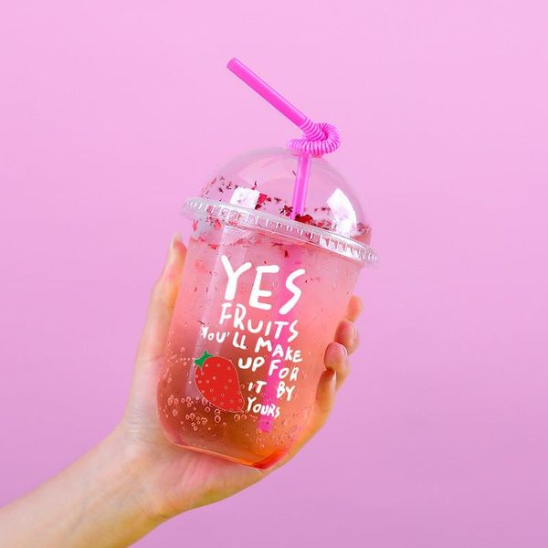 

disposable cups & straws 50pcs creative strawberry pineapple pattern party favor beverage plastic cup 500ml cute u shape tea with lids