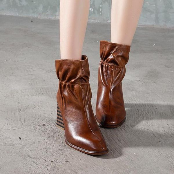 

boots 2021 short leather high heel square with back zipper women's autumn and winter fashion small, Black