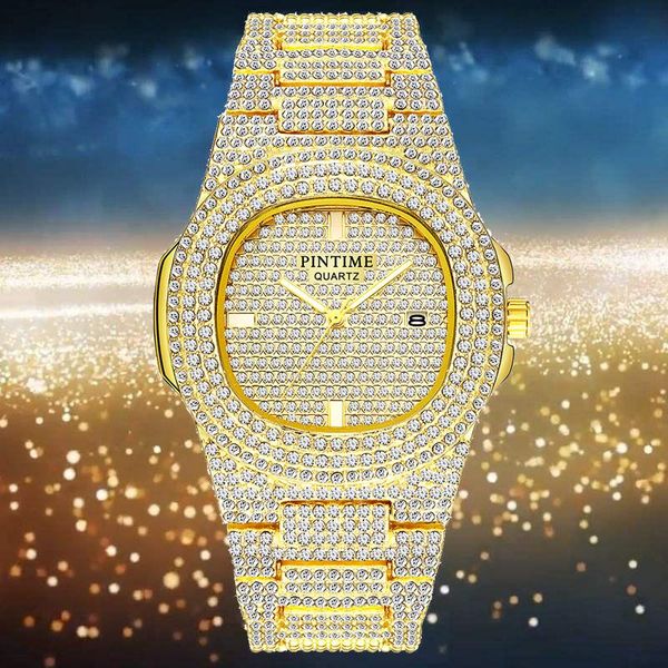 

wristwatches big dial iced out watch men gold clock hip hop mens watches diamond steel man wristwatch reloj hombre relogio, Slivery;brown