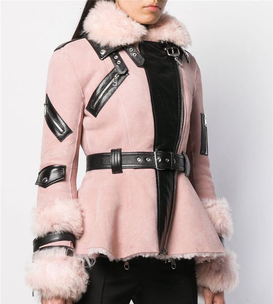 

women's trench coats luxury women winter double faced fur jacket lamb lined real warm sheepskin genuine leather coat motorcycle rm, Tan;black