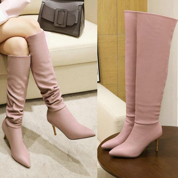

boots elegant knee high for women pointed toe shoes woman heels 2021 fall winter wedding party size 41 42 43, Black