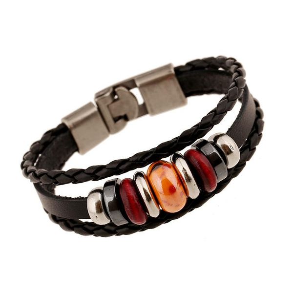 

charm bracelets european and american fashion retro men's leather bracelet beaded woven alloy personality trend jewelry gift, Golden;silver