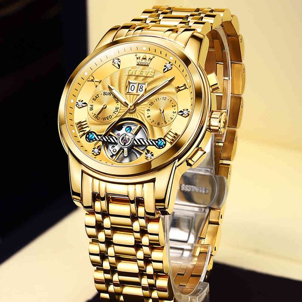 

men's clock automatic mechanical waterproof bright hands with calendar hollow design fashion, Slivery;brown