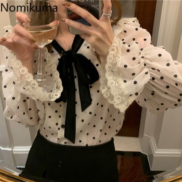 

nomikuma korean style polka dot shirts women bow knot lace up long sleeve elgant blouse office ladies single breasted blusas 210514, White
