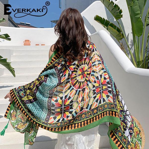 

women's swimwear everkaki ethnic shawl women wraps summer beach towels cotton linen boho print vacation sun protection female 2021, White;black