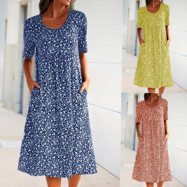 

casual dresses women summer boho floral print dress casaul round neck short sleeve loose pocket vestidos outdoor holiday beach, Black;gray