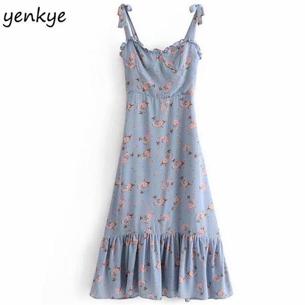 

summer dress women prairie chic floral print lady sleeveless ruffle a-line sling long 210514, Black;gray
