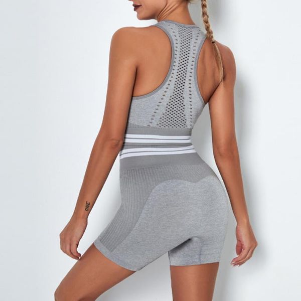 

yoga outfit women's seamless striped fitness wear sports bra stretch long-sleeved t-shirt gym running shorts pants leggings set