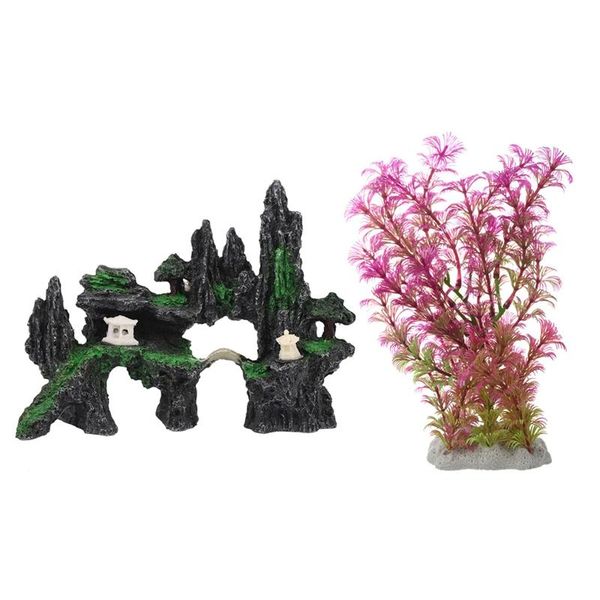 

decorations 1x artificial plant 15-20 cm water purple + green & 1 pcs resin non toxic reef aquarium rockery mountain