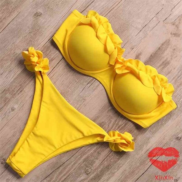 Bandeau bikini mayo kadın mayo seksi tanga fırfır seti şınav mayo kadın Brezilyalı leopar 210625