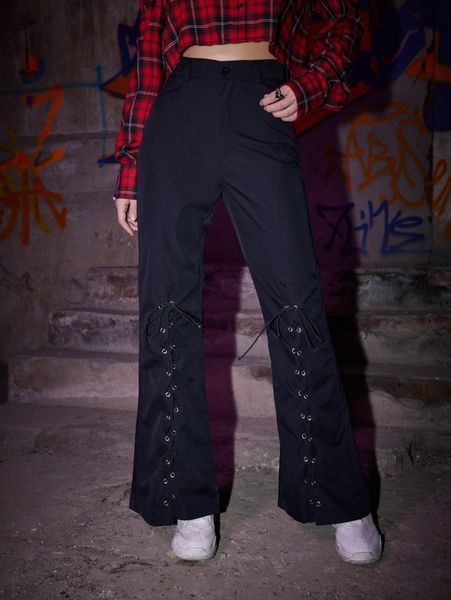 

romwe solid lace up pants 93ro#, Black;white