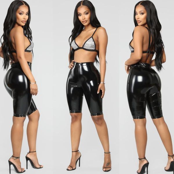 

women's shorts womens shiny capris pu leather pants joggers women slim fit high waist solid bodycon short, White;black