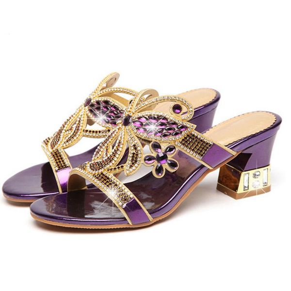 

slippers black gold blue rhinestone women slides summer beach sandals fashion ladies casual square heels shoes plus size d0046