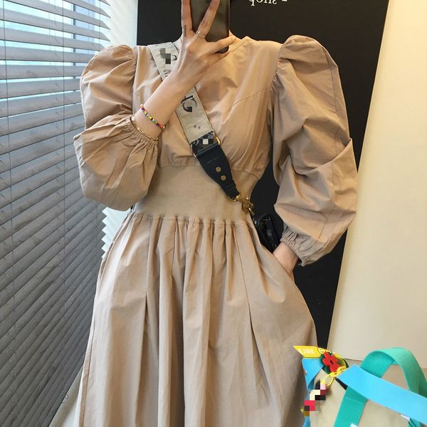 

spring female loose casual round neck solid color single breasted long puff sleeve minimalist pleated dress 8p032 210510, Black;gray