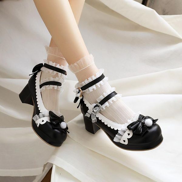 

dress shoes simple wavy side bow square head mary jane high heels mid-heel thick with pink sweet style princess, Black