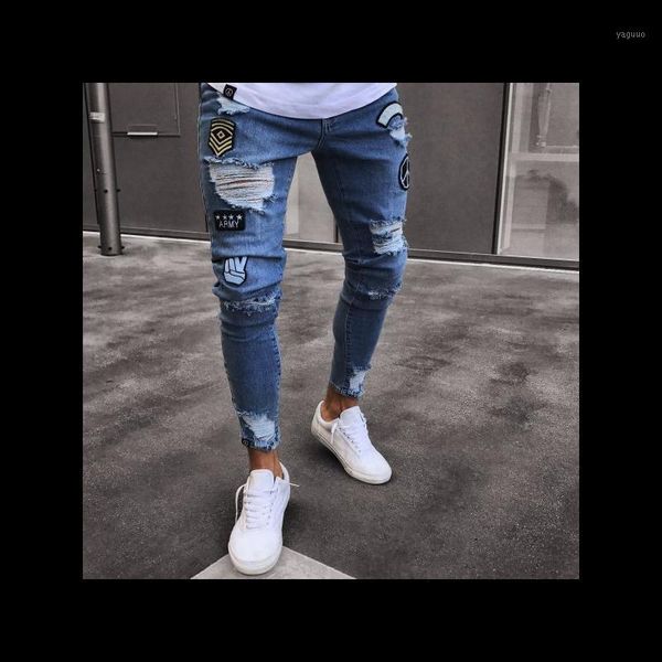 

men's jeans skinny ripped men pants pencil biker side striped destroyed hole hip hop slim fit man stretchy jean print, Blue