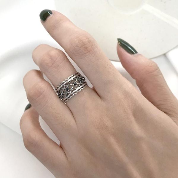 

cluster rings exquisite vintage authentic s925 sterling silver fine jewelry hollow cross black agate stone open wider long band j340, Golden;silver